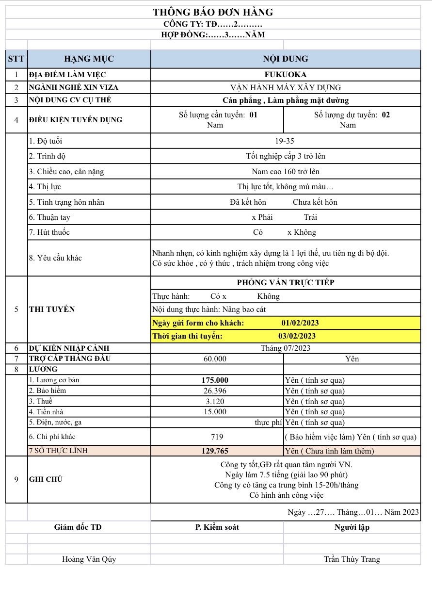 CÔNG TY XKLĐ THÀNH ĐÔ TUYỂN 02 NAM - ĐƠN HÀNG VẬN HÀNH MÁY XÂY DỰNG