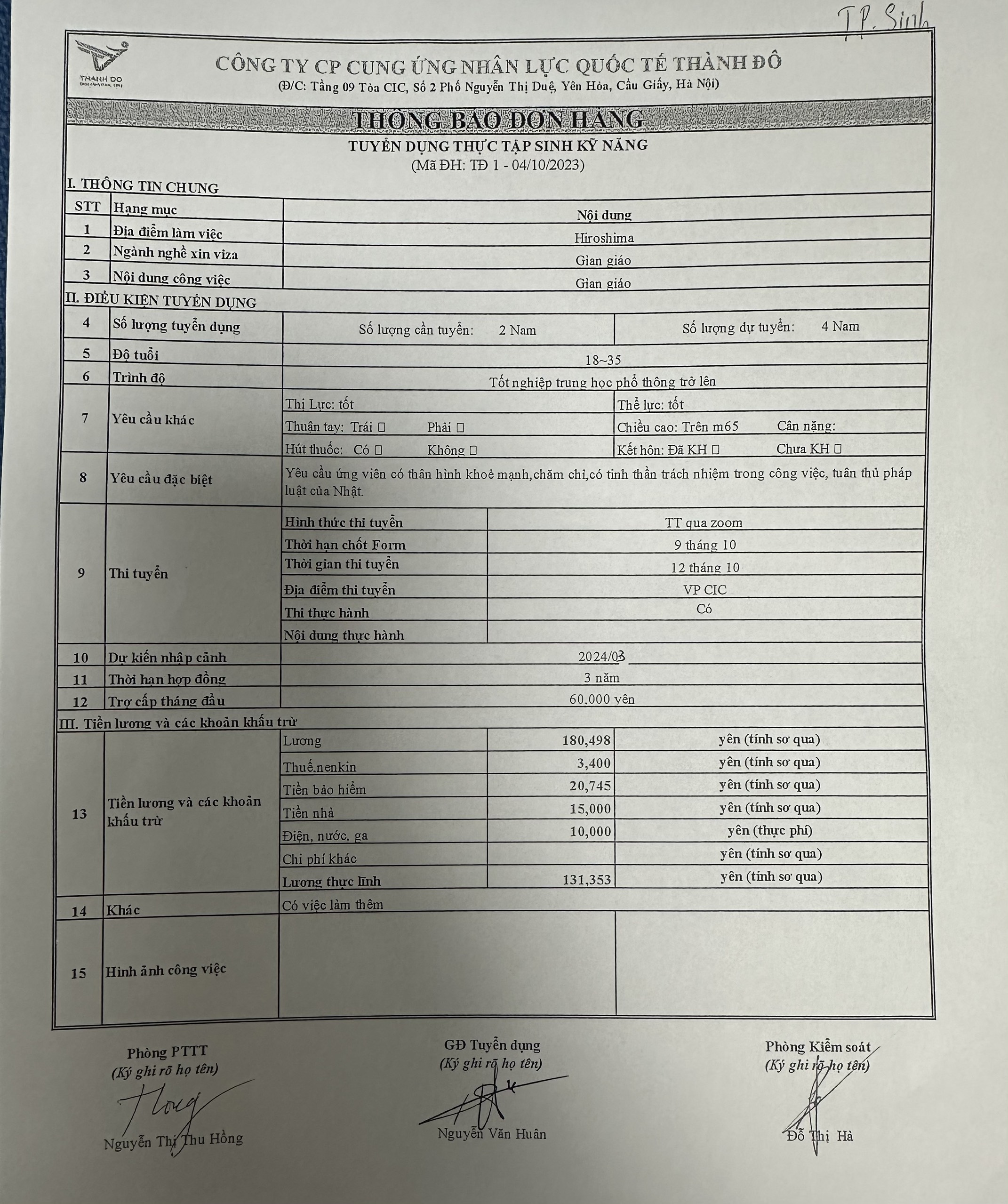 CÔNG TY XKLĐ THÀNH ĐÔ TUYỂN 04 NAM - ĐƠN HÀNG GIÀN GIÁO